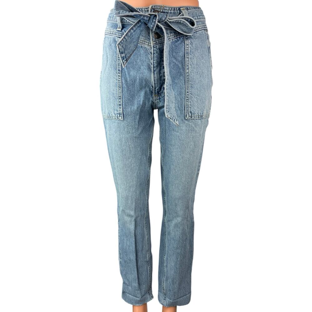 Abercrombie & Fitch Women's Blue Tie Paperbag Bow Straight Mom Denim Jeans Sz 26
